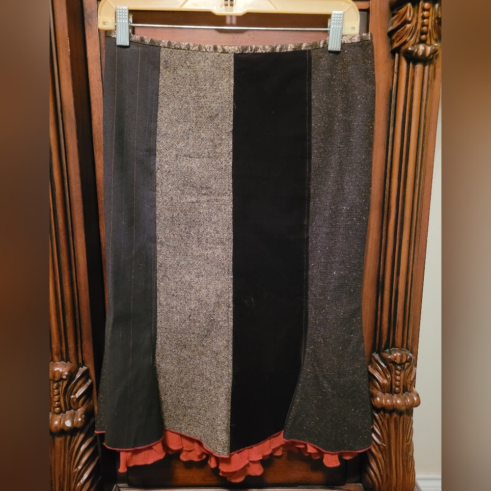 Etro Patches Velvet Pattern Tweed Wool Ruffle Fit and Flare Skirt Medium